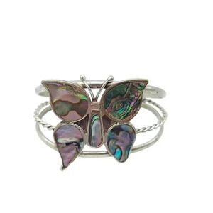 Hecho En Mexico Multicolor Abalone Inlay Butterfly Cuff Bangle Bracelet Vintage